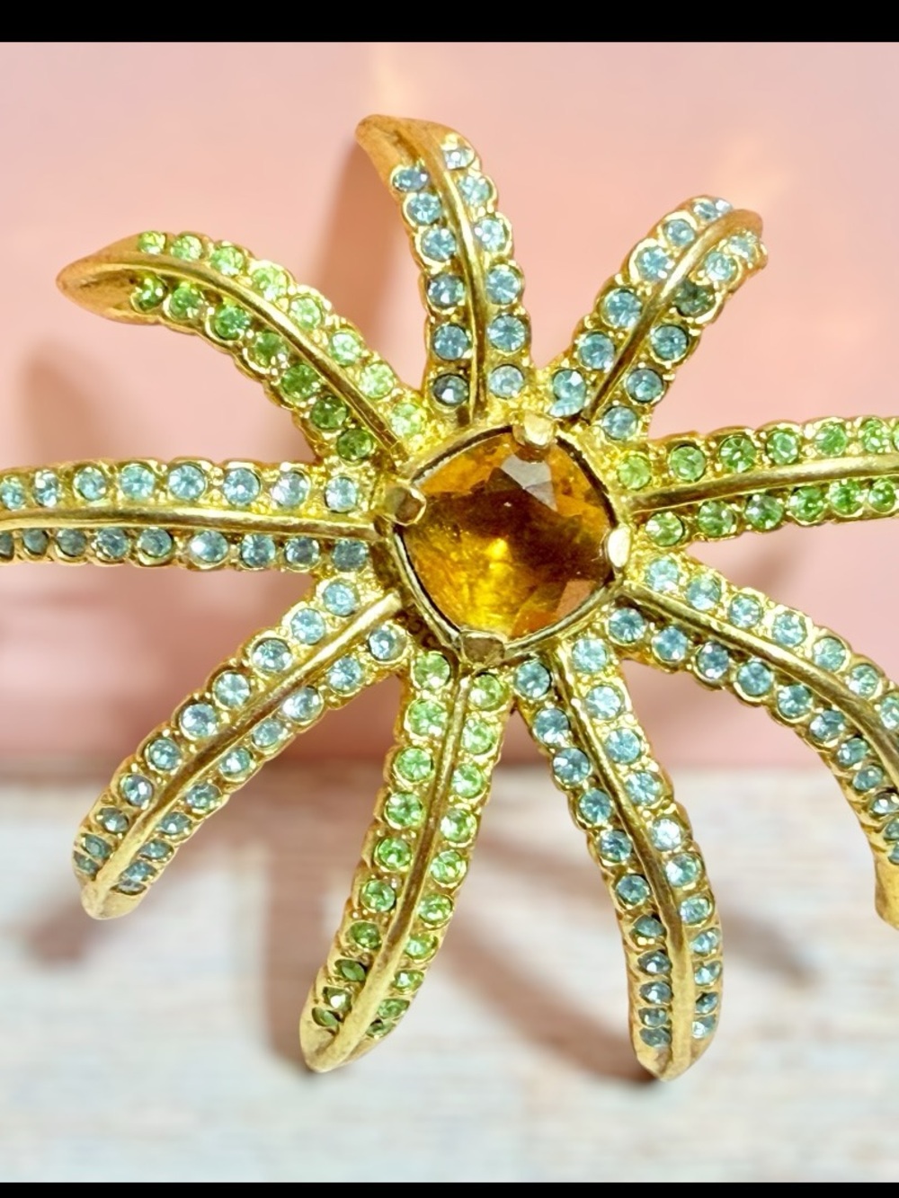 Vintage Atomic Starburst Brooch Gold Tone Blue Green Rhinestones Statement pin